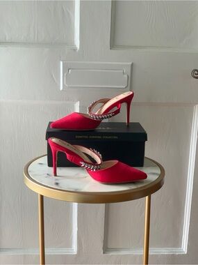 Lulus Tito Red Faux-Suede Rhinestone Pointed-Toe Mule Heels 9